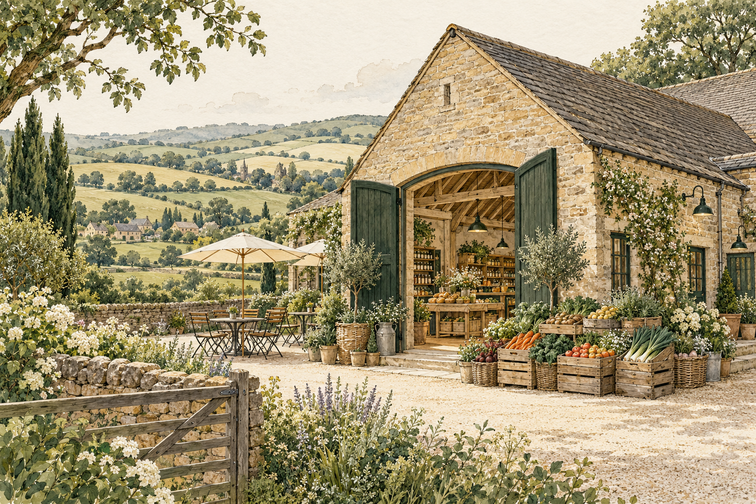 Editorial illustration of an English farm shop and countryside